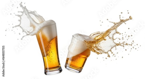 Two tilted glasses of beer splashing with foam isolated on white background