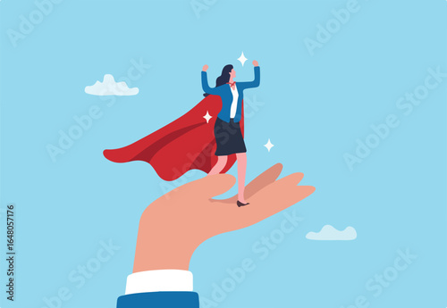 Woman empowerment, encouragement or support to help achieve work success, confidence or strength motivation, femininity or lady power, business hand support to empower businesswoman strength. 