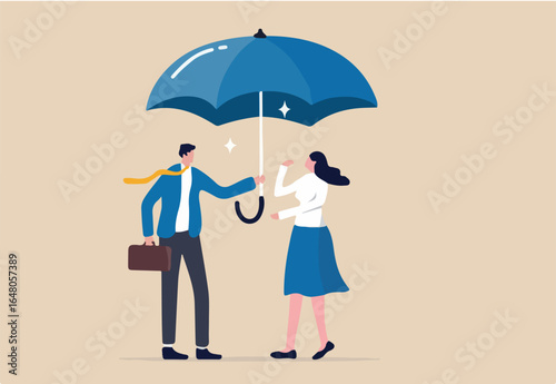 Good boss defend team for the right, cover or protection from business risk, help or support in career development concept, kindness businessman offer big umbrella to cover employee from bad weather.