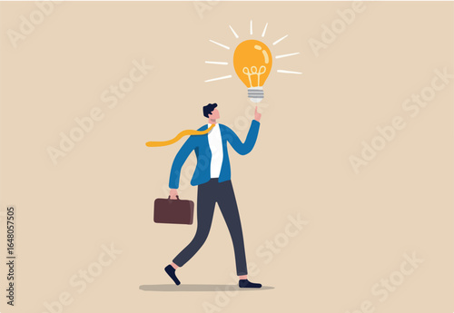 Business idea, businessman company leader got solution to solve business problem or creativity thinking concept, smart businessman holding suitcase thinking and got bright lightbulb lamp on his finger