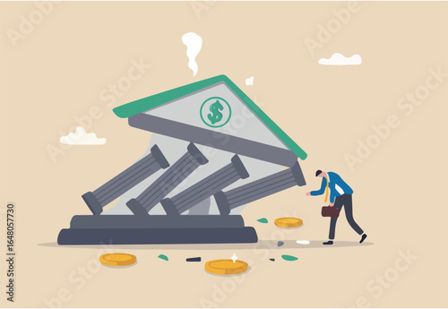 Banking collapse or bank run, financial crisis or bankruptcy problem, stock market crash or credit risk, failure or investment failure concept, frustrated businessman look at collapsing bank building.