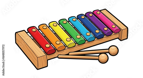 A vector colorful xylophone with rainbow bars and two wooden mallets rests on a white background surface area