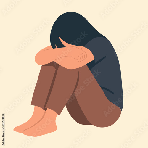Flat Illustration of Sad Woman Sitting with Head on Knees