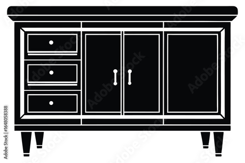 Isolated Black and White Cabinet with Three Drawers and Center Doors Icon