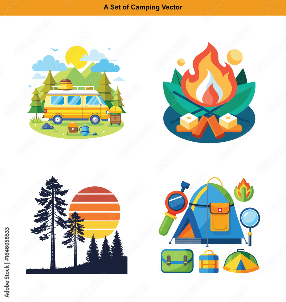 Naklejka premium Camping Vector Illustration Set, a whimsical compilation of outdoor camping graphics