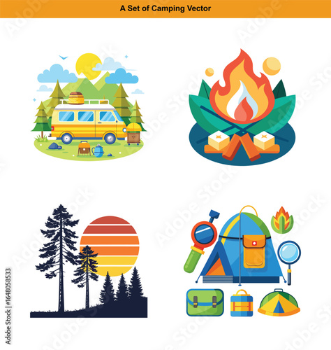 Camping Vector Illustration Set, a whimsical compilation of outdoor camping graphics