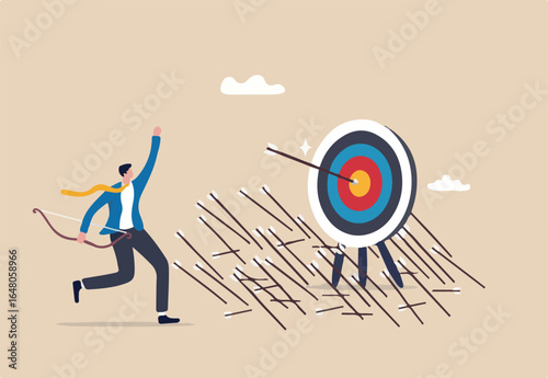 Effectiveness and efficiency to measure success rate, effort or cost to reach goal or target, practice until succeed concept, cheerful businessman finally hit target after too many unsuccessful tries.