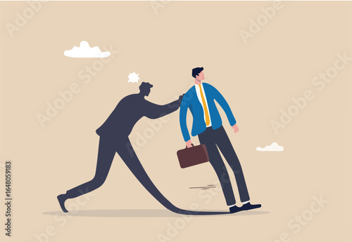Courage entrepreneur, pushing yourself to success, encourage self believe, determination or aspiration to overcome challenge concept, fearful businessman being push by his shadow self to success. 