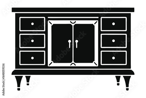 Black Silhouette of a Cabinet with Drawers, Doors, and Elegant Legs Design