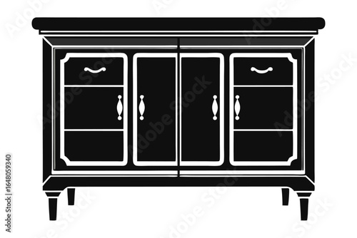 Silhouette of a Black Wooden Cabinet with Drawers and Doors, Home Furniture