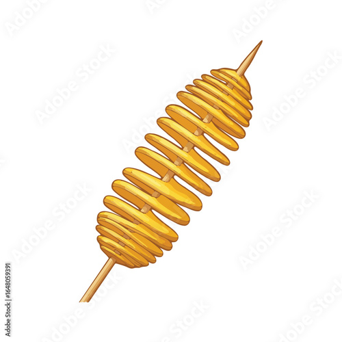 Close up of a golden brown spiral potato on a wooden skewer a popular street food snack isolated on transparent background silhouette
