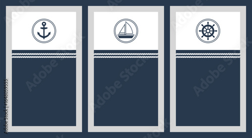 Set mit drei maritimen Vektorgrafiken mit Schiff, Anker und Steuerrad. Freier Platz für Text. Vorlagen für Einladungen, Grußkarten, Social Media Posts, Cover, Flyer und Werbung.