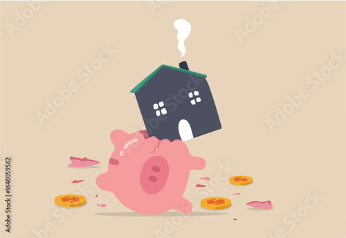 House expense and cost, too expensive payment or high interest rate mortgage concept, heavy house broke savings piggybank metaphor of too much payment and cost.