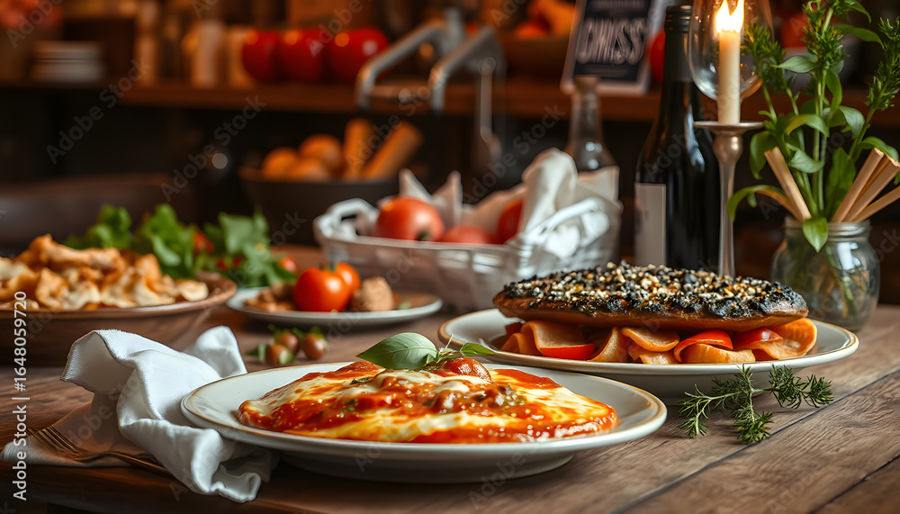 Obraz premium Italian food background with food, dramatic atmosphere. White tone