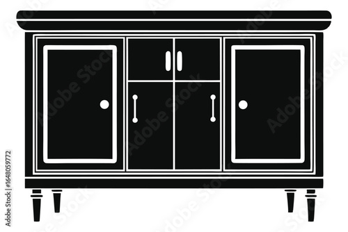 Black and White Illustration of a Cabinet with Multiple Doors and Short Legs