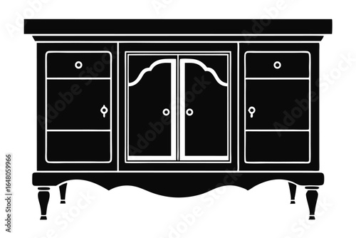 Silhouette of a Black Sideboard with Two Drawers and Double Doors with Handles