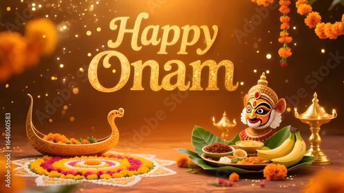 Luxurious Golden Onam Celebration Background,
Happy Onam Festive Banner with Traditional Elements,generative ai