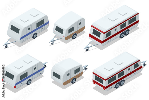 An isometric set of various camper vans, Camper trailer a towable mobile home equipped with sleeping, cooking, and storage facilities, designed for travel and outdoor camping