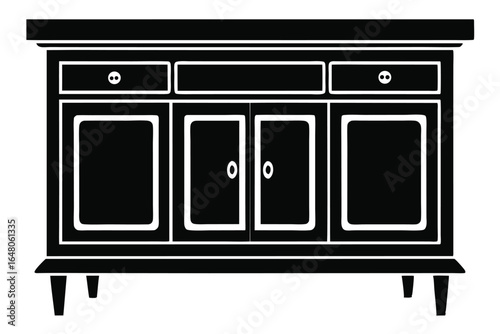 Silhouette of a FourDoor, ThreeDrawer Cabinet with Small Round Door Knobs