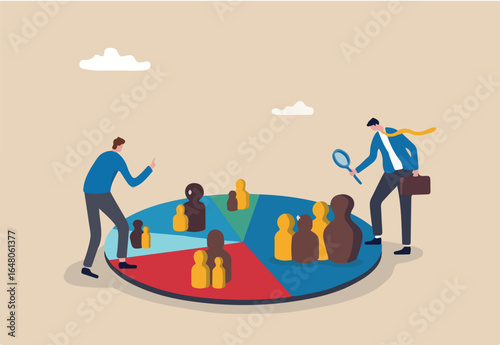 Customer segment analysis for marketing or advertising, target audience, consumer or user group, demographic data or profile to target concept, business team analyzing customer segment pie chart.