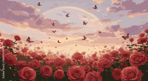 A Dreamy Rose Garden with Butterflies Under a Rainbow Sky A Pixelated Fantasy