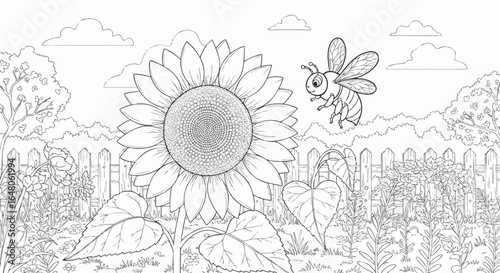Bee and Sunflower Garden Coloring Page A Delightful Summer Scene