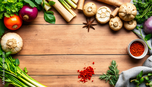 Food cooking background, ingredients for preparation vegan dishes, vegetables, roots, spices, mushrooms and herbs. Healthy food concept. Rustic wooden table background, copy space, top view, enhance