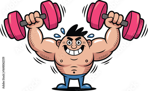 Vector art of cartoon man with big muscles happily lifting two pink dumbbells, showing great strength and effort during a workout