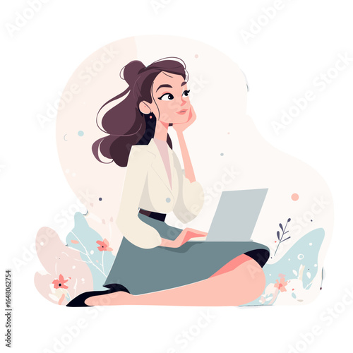 Daydreaming at the Laptop: A woman, lost in thought, leans on her hand while using a laptop. surrounded by soft floral details, she encapsulates the essence of contemplation and focus.