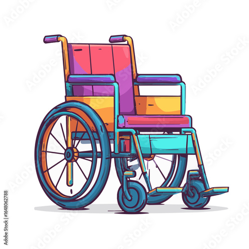 Wheelchair for mobility: A brightly colored illustration captures a vibrant wheelchair, symbolizing mobility and independence, rendered with clean lines and a cheerful aesthetic.