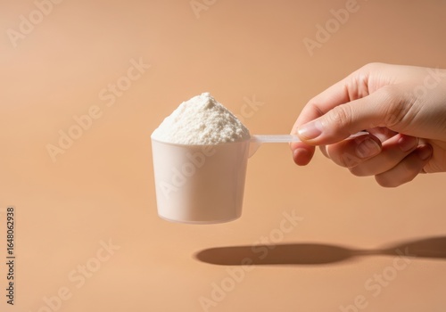 Hand holding a scoop of white powder, likely protein supplement, against a beige background