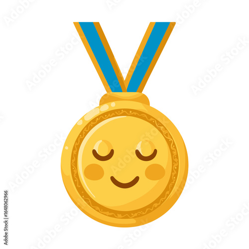 Golden medal with smiley: A whimsical illustration showcases a gold medal with a cheerful, smiling face, symbolizing achievement, recognition, and a sense of accomplishment.