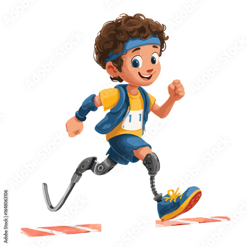 Champion's Sprint: A determined young athlete with a prosthetic leg races with unwavering spirit and enthusiasm. A vivid illustration of perseverance and the pursuit of dreams.