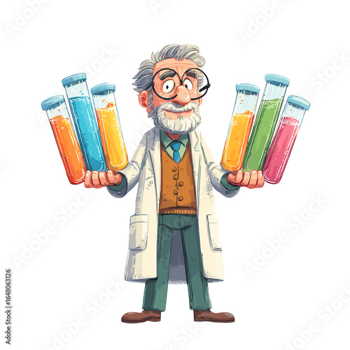 Scientist with Colorful Experiments: A cartoon scientist in a lab coat holds a multitude of test tubes filled with vibrant, colorful liquids.