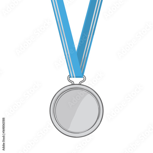 Silver Medal on Blue Ribbon: A close-up illustration showcasing a detailed silver medal, suspended by a stylish blue ribbon, symbolizing achievement and recognition. 