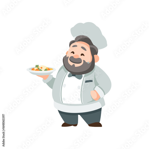 Delightful Chef: A jovial chef, adorned in pristine culinary attire, presents a beautifully plated dish, embodying warmth and skill in a charming illustration.