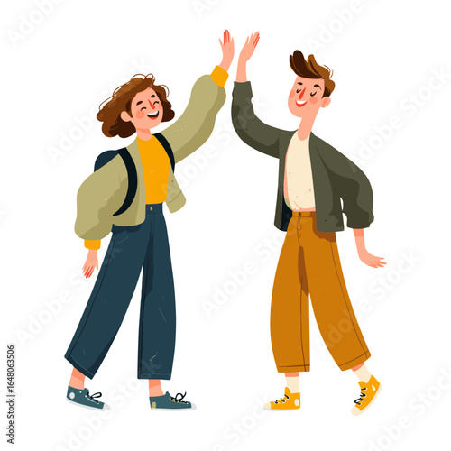 High-Five Happiness: A lively illustration depicts two animated individuals celebrating with an enthusiastic high-five, full of glee and friendship.