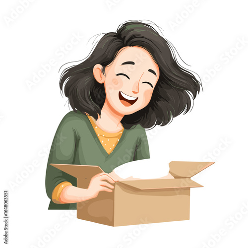 Joyful Unboxing: A delightful woman smiles as she excitedly opens a cardboard box, her animated expression reflecting the anticipation and happiness of unwrapping a new delivery.
