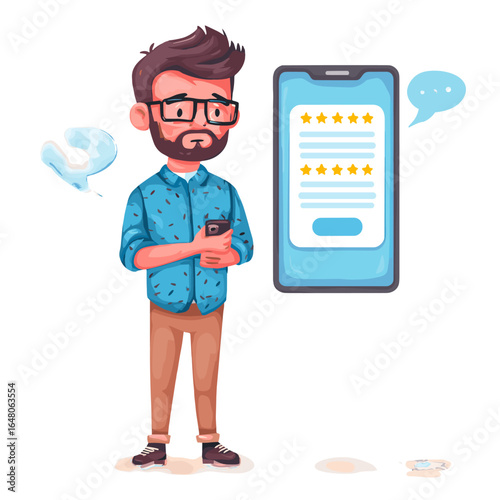 Dissatisfied Man with Review: A man, visibly upset, is seen checking the rating on his phone, which shows a negative review, conveying disappointment.