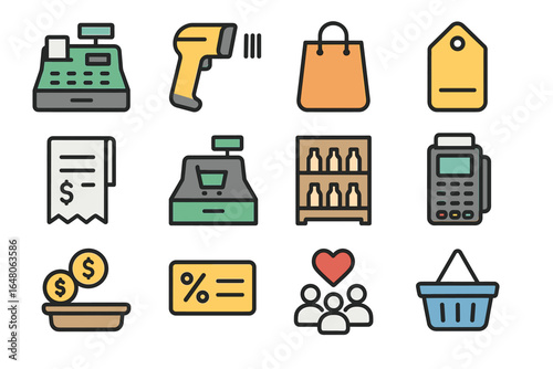 Retail icons: cash register, barcode scanner, shopping bag, price tag, receipt, point of sale
