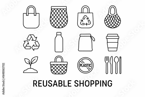 Reusable shopping symbols: eco-friendly bags, bottles, and cutlery icons for sustainable lifestyle