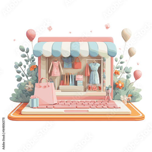 Digital Boutique: a charming digital illustration showcasing an online storefront bursting with fashion items, vibrant balloons, and delicate floral accents.