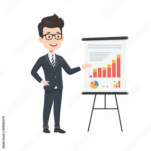 Business Presentation: A confident businessman, perfectly suited, presents a vibrant chart on a board, offering a visualization of his insightful market analytics.
