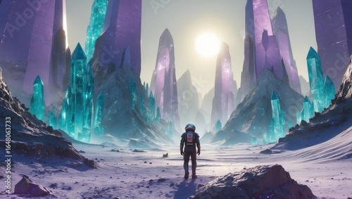 A crystal-covered alien landscape with two suns and a lone explorer, ideal for a fantasy sci-fi themed desktop background.