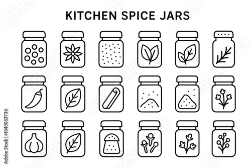 Set of simple line art kitchen spice jars with various herbs and seasonings