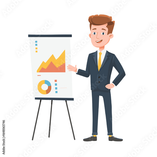 Professional Presentation: An animated business professional delivers an insightful presentation, with financial charts, creating a visual display of business data