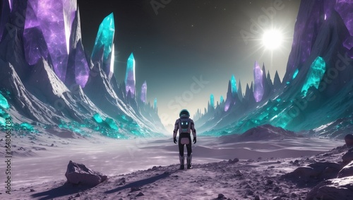 A crystal-covered alien landscape with two suns and a lone explorer, ideal for a fantasy sci-fi themed desktop background.