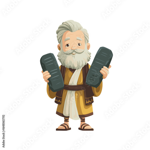 Image of Moses with the Ten Commandments: Illustration of a kind, aged man with a flowing white beard, holding two stone tablets inscribed with the Ten Commandments.