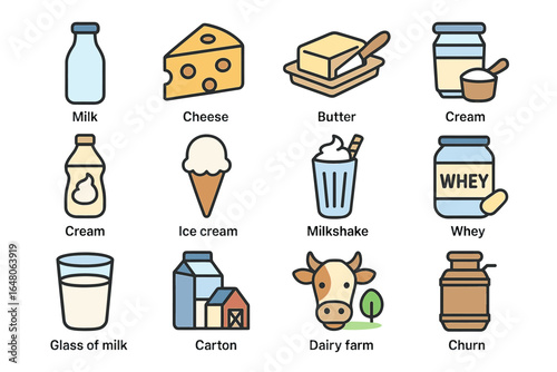 Dairy product icons set: milk, cheese, butter, ice cream, and more