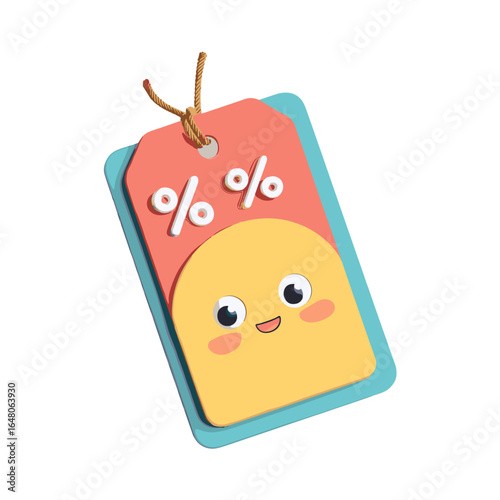 Sale Tag with a Cheerful Face: A vibrant and whimsical discount tag showcasing a cute smiling face, perfectly designed to represent sale offers and promotions in a fun, friendly, and appealing way.